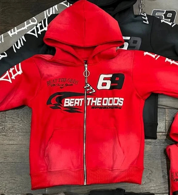 Punk Retro Colorful Zipper Hoodie Harajuku Letter Print Casual Oversized Sweatshirt Couple Hip-hop Trendy Streetwear Jacket Men