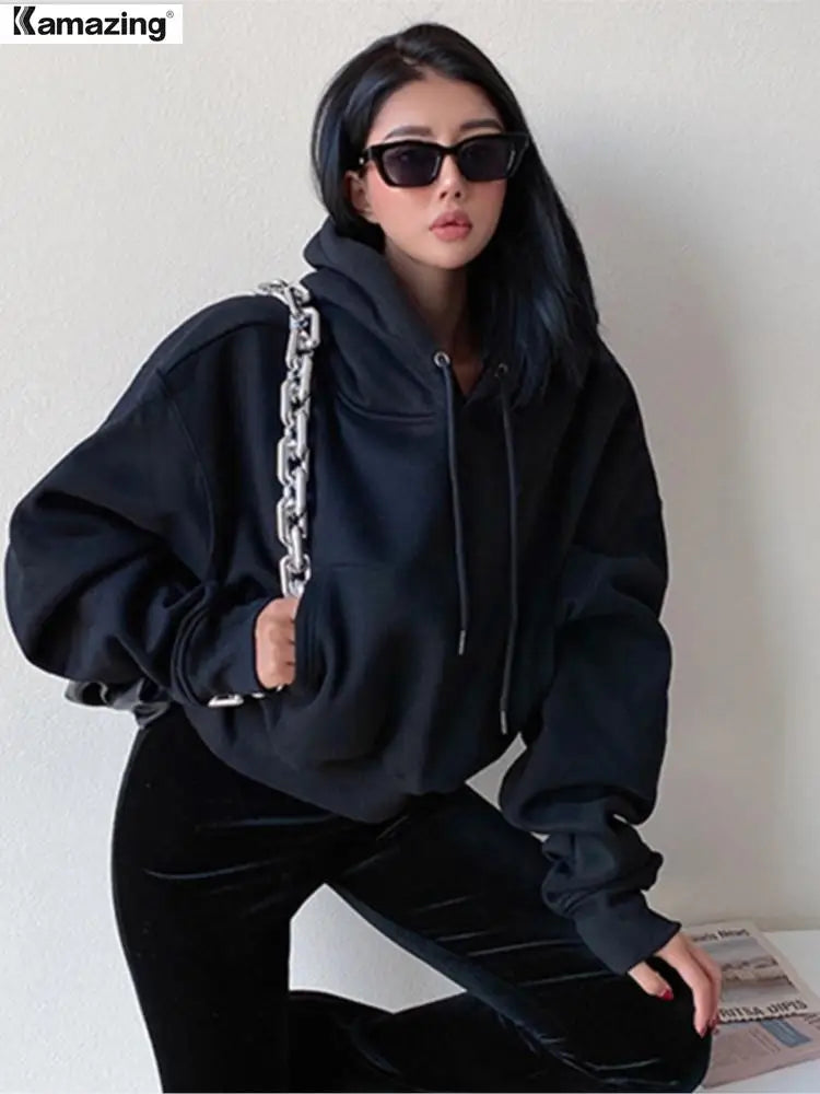 Winter Women Solid Fleece Hoodies Clothing Long Sleeve Tops Loose Pocket Sweatshirt Female Casual Pullover