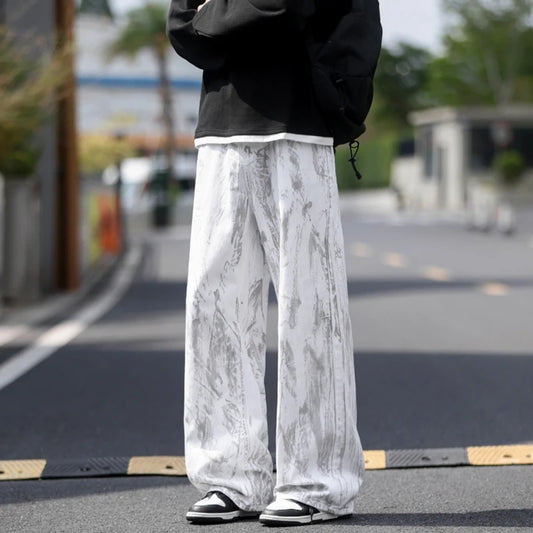 Jeans Mens Classic Straight Leg Jeans White Tie Dye Denim Pants 