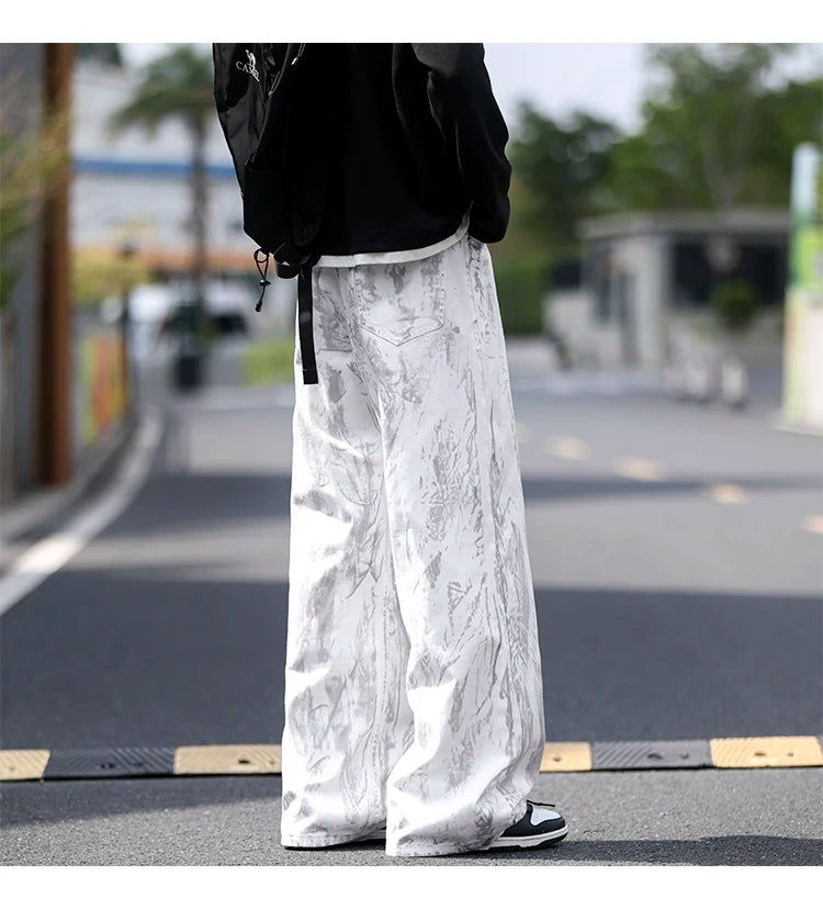 Jeans Mens Classic Straight Leg Jeans White Tie Dye Denim Pants 