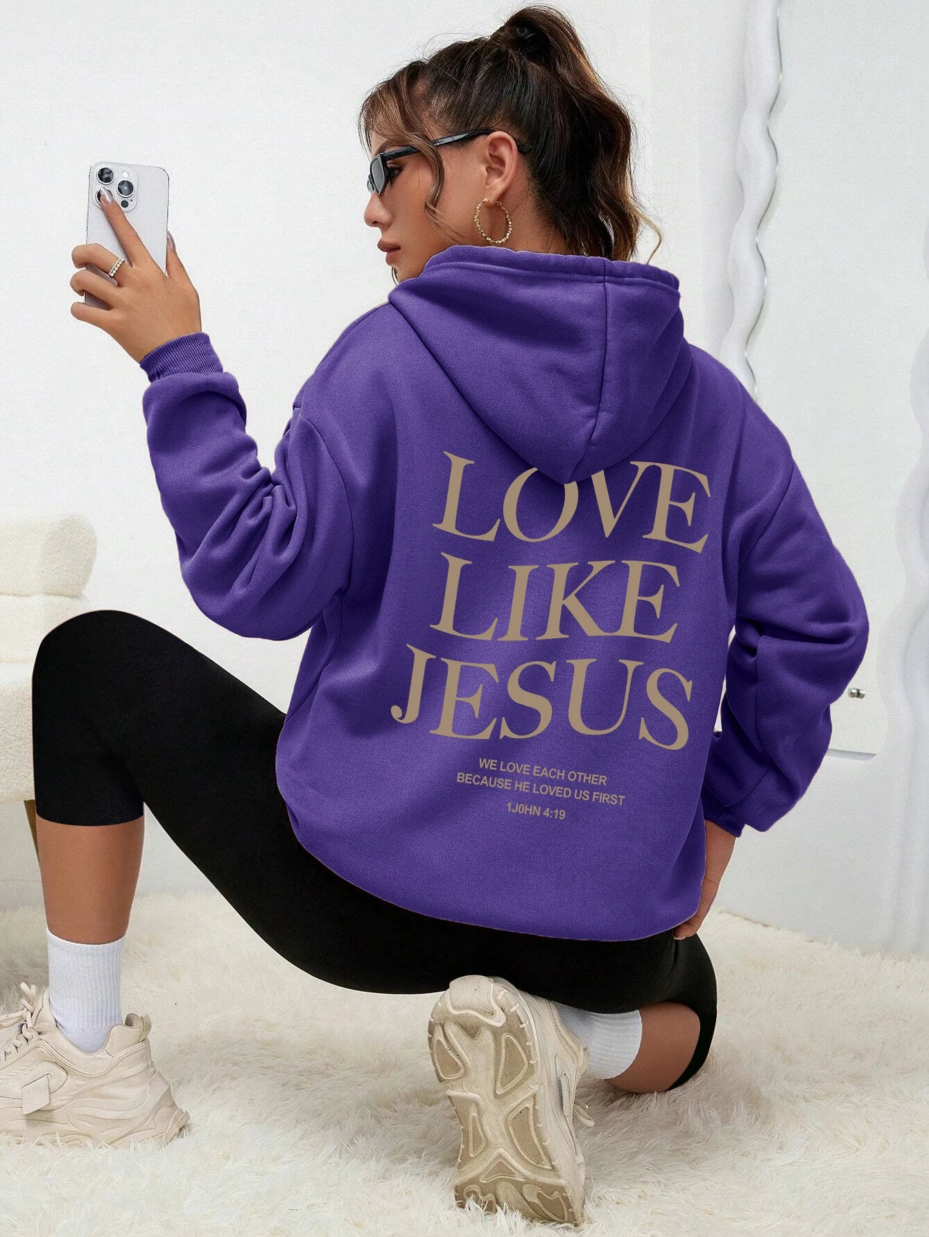Love Like Jesus Simple Letter Printed Hoodie Women Warm Fleece Hoody Fashion Casual Hooded Autumn Loose Round Neck Woman Clothes
