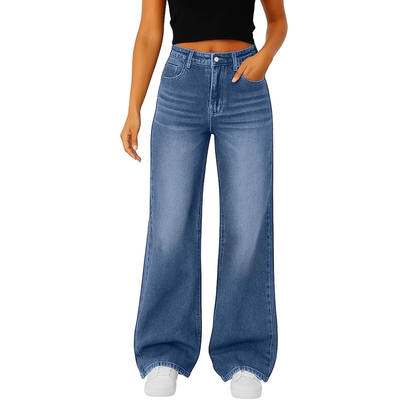 Wide-Leg Jeans Women Light Blue High-Waisted Simple Design Fashionable Trousers 