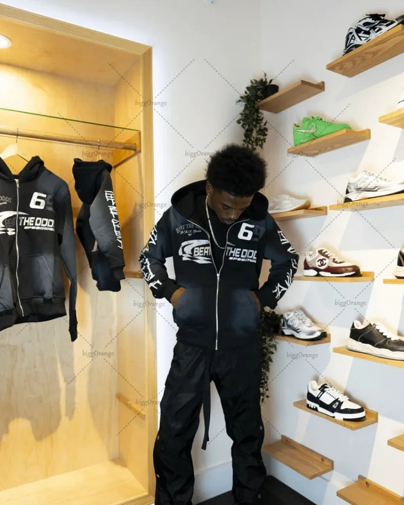 Punk Retro Colorful Zipper Hoodie Harajuku Letter Print Casual Oversized Sweatshirt Couple Hip-hop Trendy Streetwear Jacket Men