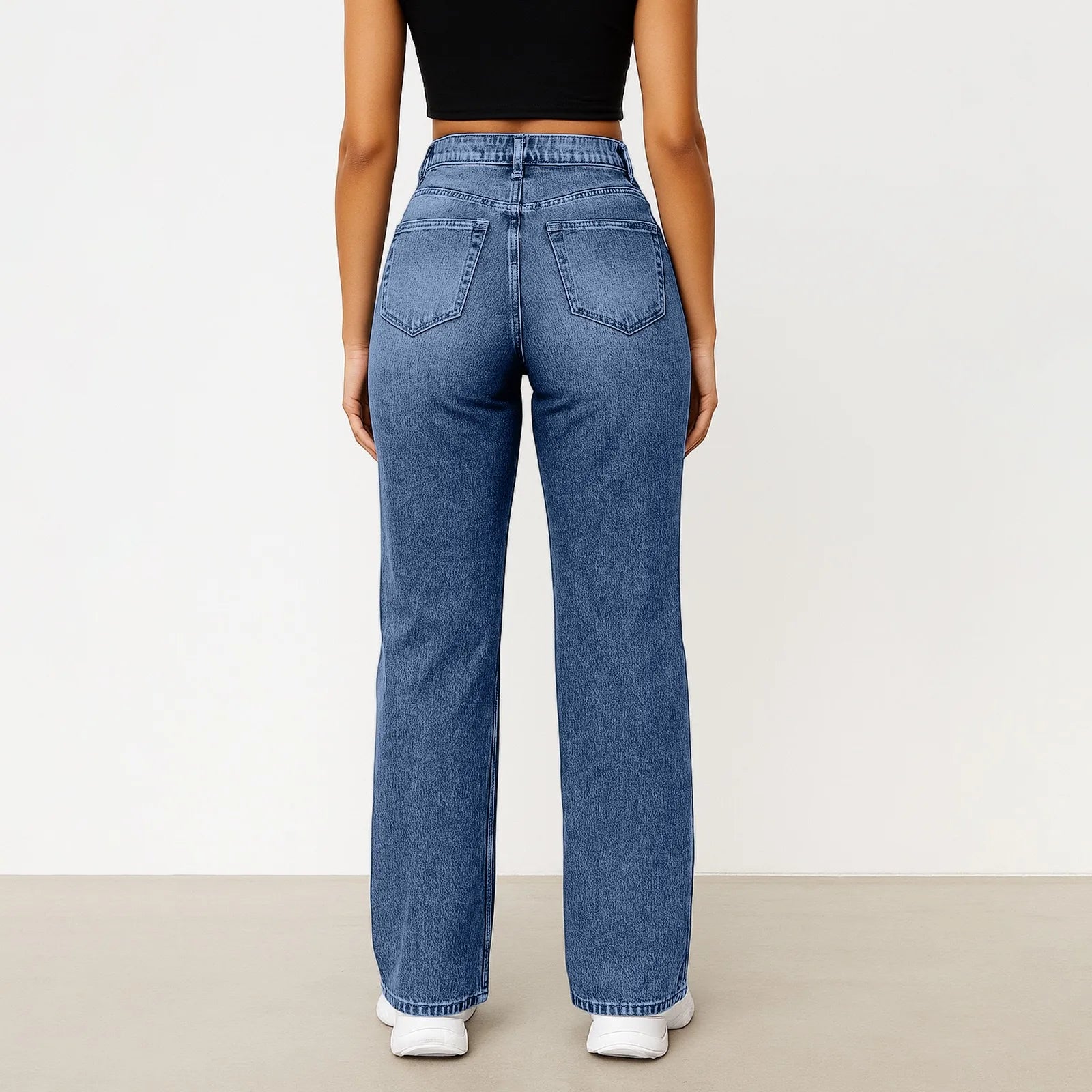 Wide-Leg Jeans Women Light Blue High-Waisted Simple Design Fashionable Trousers 