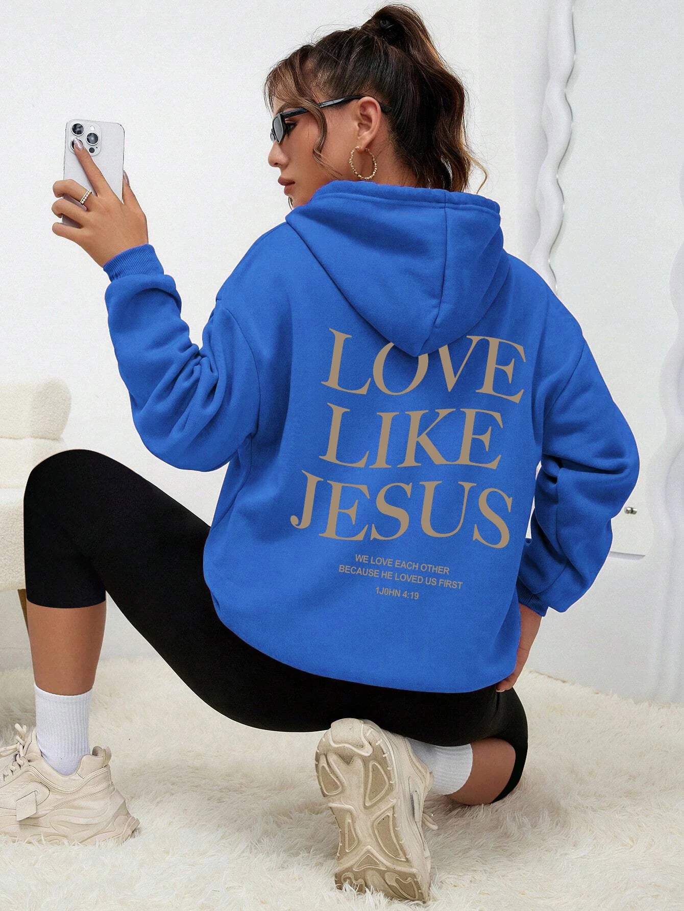 Love Like Jesus Simple Letter Printed Hoodie Women Warm Fleece Hoody Fashion Casual Hooded Autumn Loose Round Neck Woman Clothes