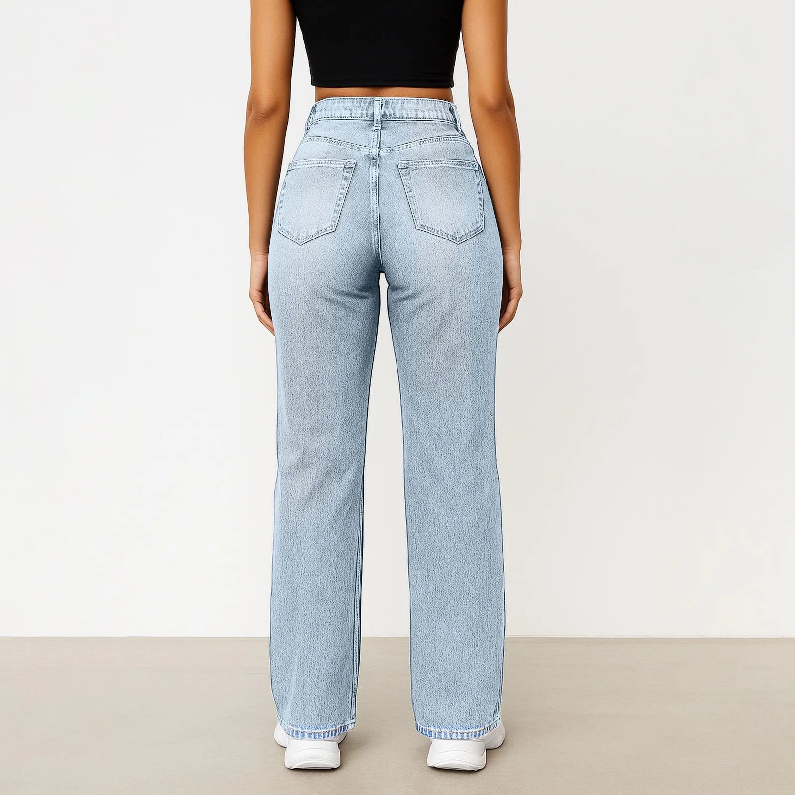 Wide-Leg Jeans Women Light Blue High-Waisted Simple Design Fashionable Trousers 