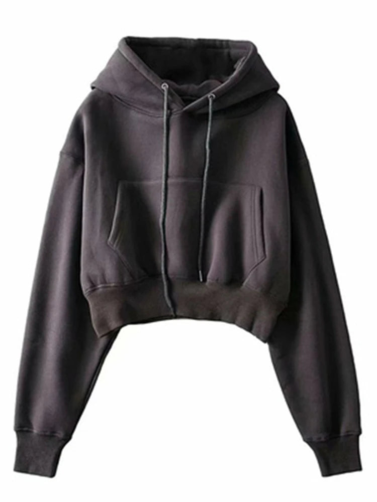 Winter Women Solid Fleece Hoodies Clothing Long Sleeve Tops Loose Pocket Sweatshirt Female Casual Pullover