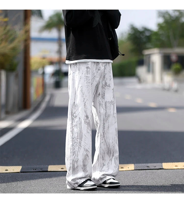 Jeans Mens Classic Straight Leg Jeans White Tie Dye Denim Pants 