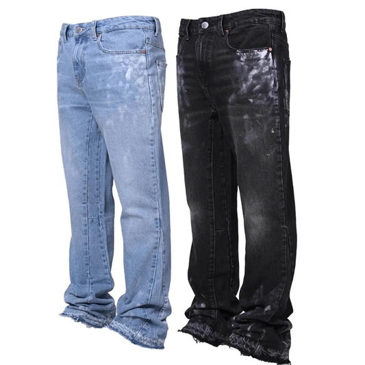 Jeans Men Vintage Straight Pants Mid Waist Stretch Distressed Washed Pockets 