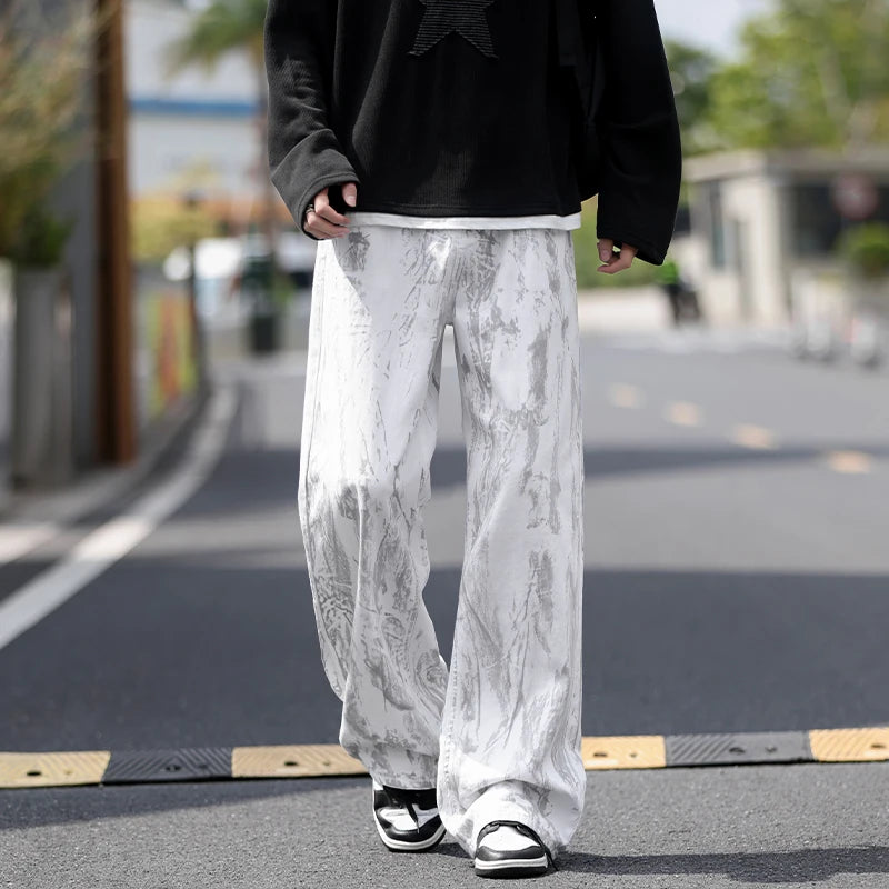 Jeans Mens Classic Straight Leg Jeans White Tie Dye Denim Pants 