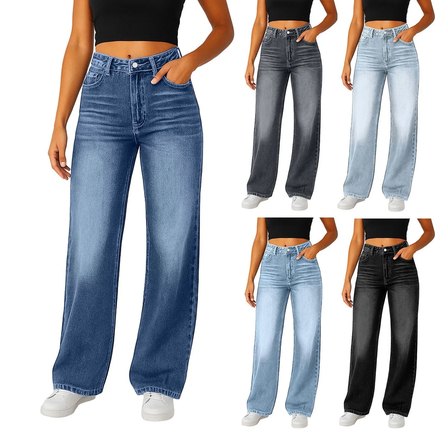Wide-Leg Jeans Women Light Blue High-Waisted Simple Design Fashionable Trousers 