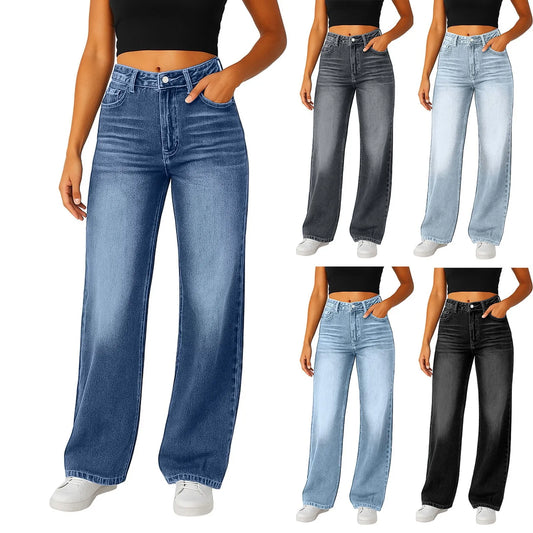 Wide-Leg Jeans Women Light Blue High-Waisted Simple Design Fashionable Trousers 