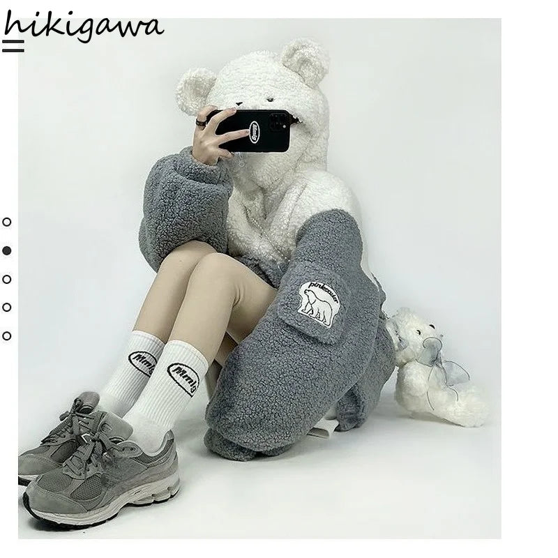 Cute Bear Hoodies Women Winter Pullover Clothes Cartoon Y2K Jackets Coats Hooded Tops Streetwear BF Oversized Sweatshirt