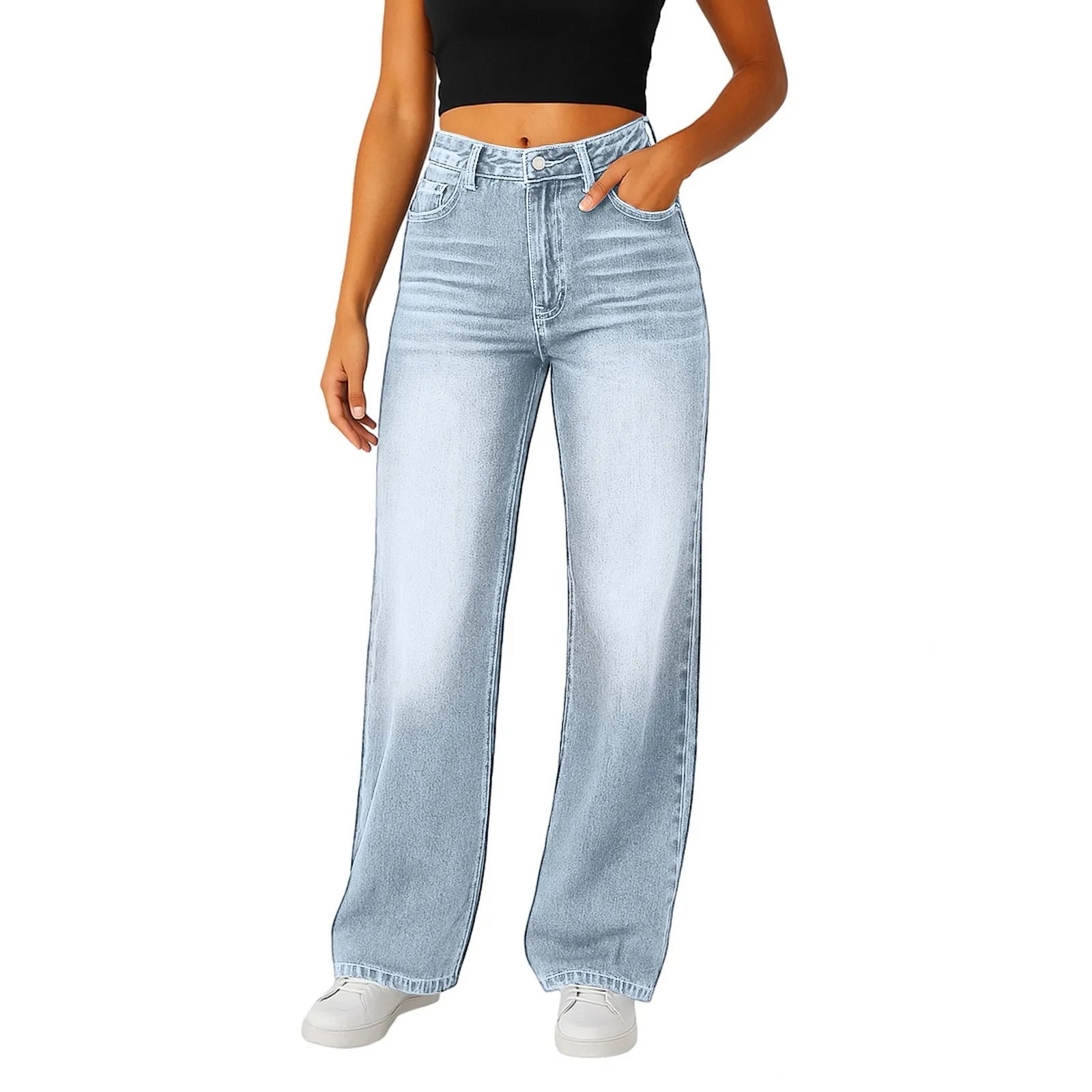 Wide-Leg Jeans Women Light Blue High-Waisted Simple Design Fashionable Trousers 