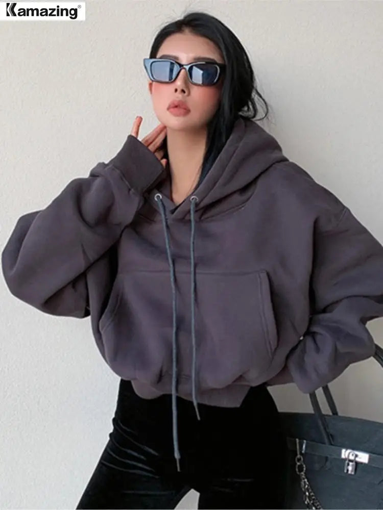 Winter Women Solid Fleece Hoodies Clothing Long Sleeve Tops Loose Pocket Sweatshirt Female Casual Pullover