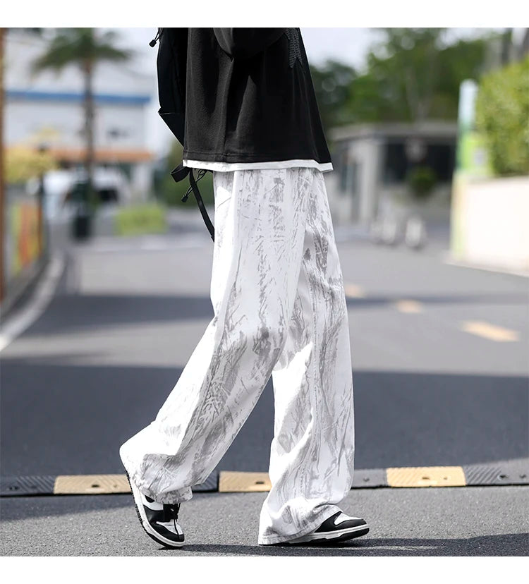 Jeans Mens Classic Straight Leg Jeans White Tie Dye Denim Pants 