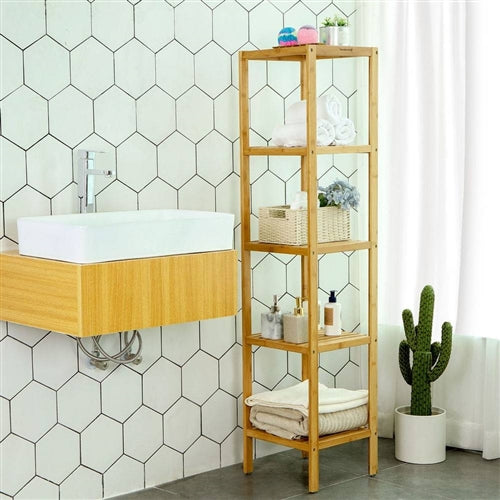 Slim 4-Shelf Natural Bamboo Wooden Shelving Unit Storage Rack Bookcase