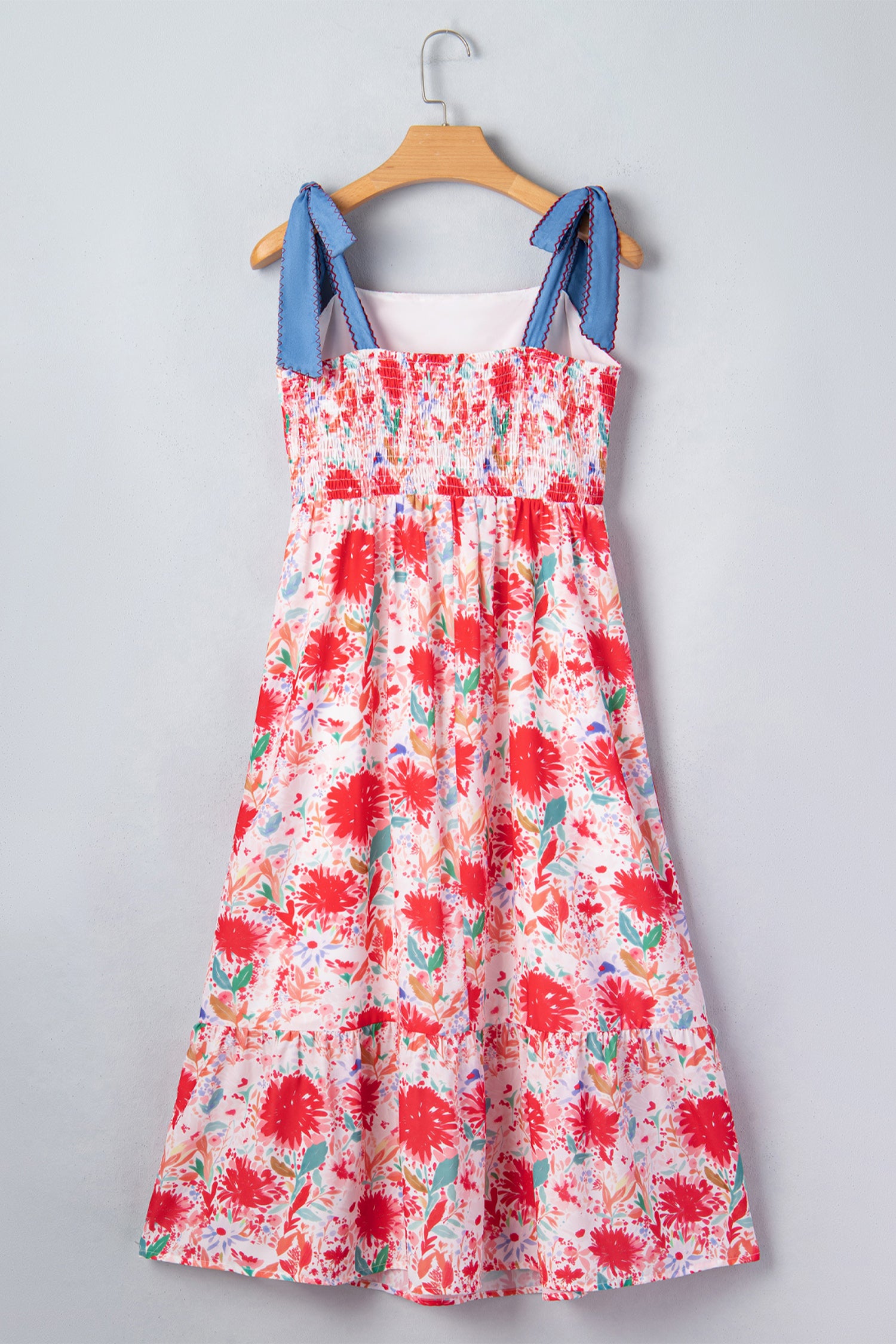 Yellow Floral Print Contrast Stitched Knot Denim Straps High Waist Dress
