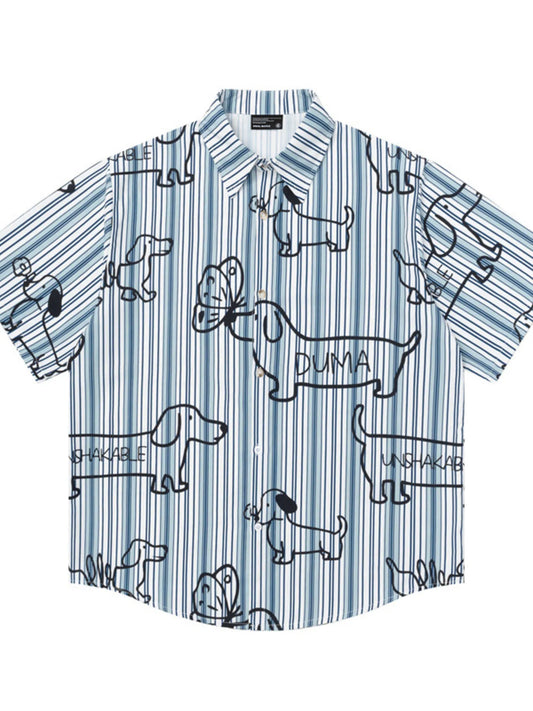 Men's Striped Dog Print Short Sleeve Button-Up Shirt