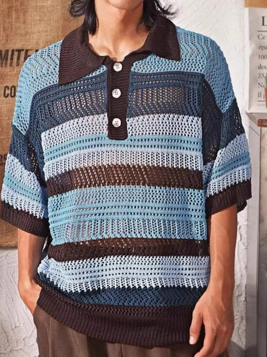 Men's Full Size Vintage Striped Short Sleeve Knit Polo Plus Size