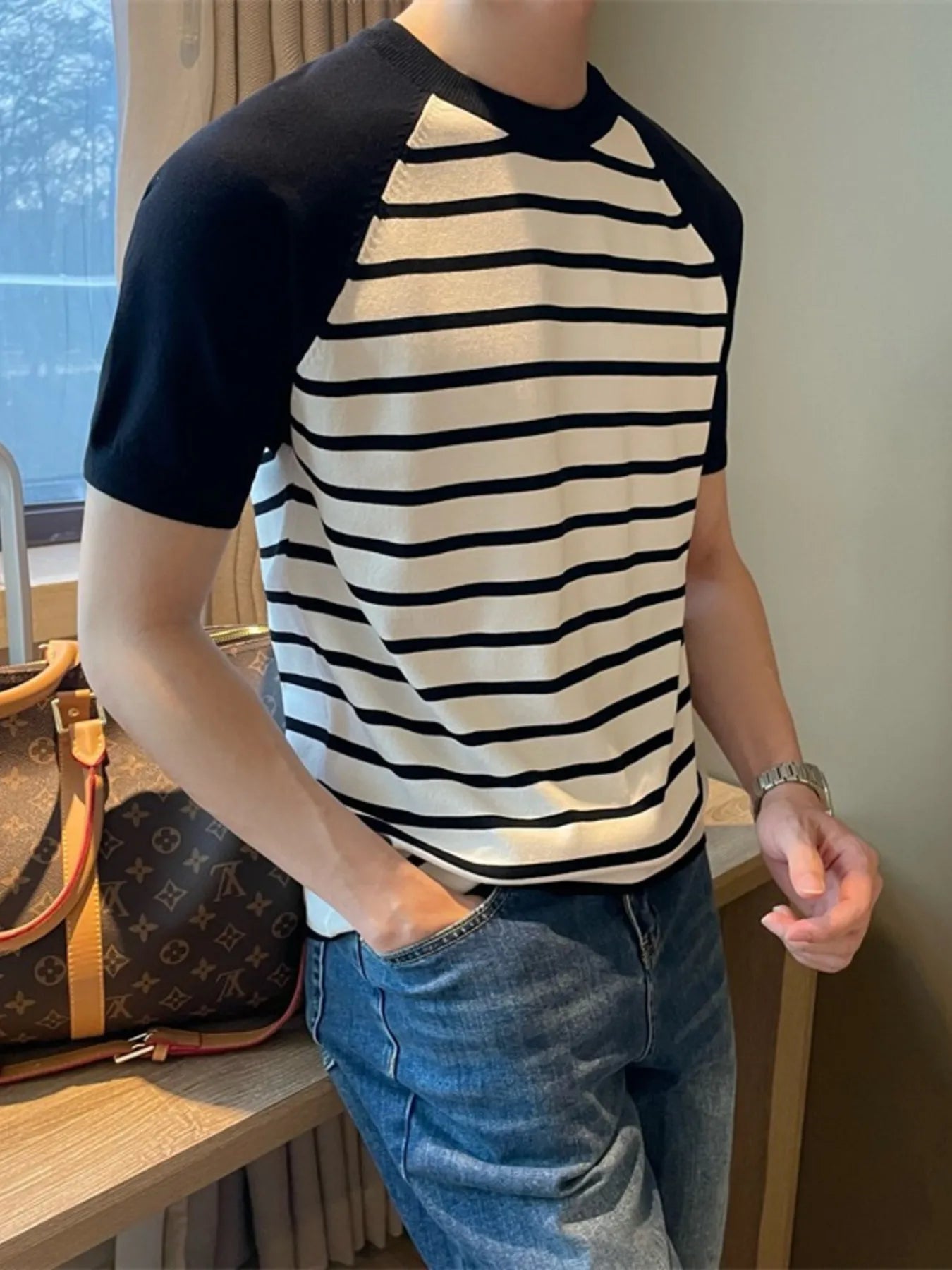 Men's Striped T-Shirt with Raglan Sleeves