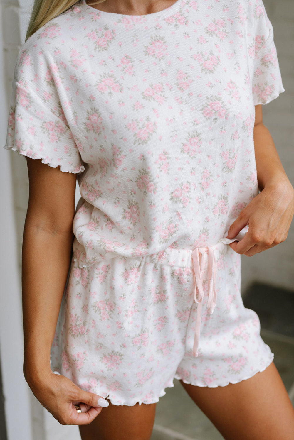 Pink Floral Print Lettuce Trim Tee and Shorts Pajama Set