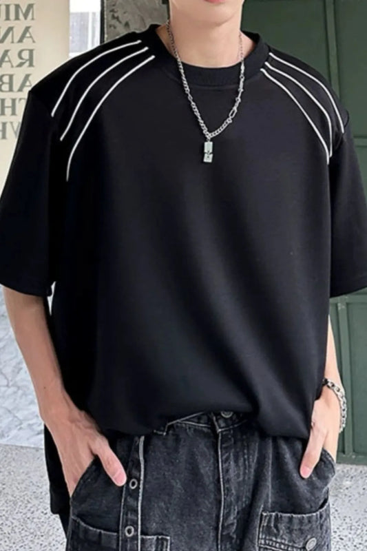 Men's Plus Size Oversized Round Neck T-Shirt with Contrast Shoulder Stripes