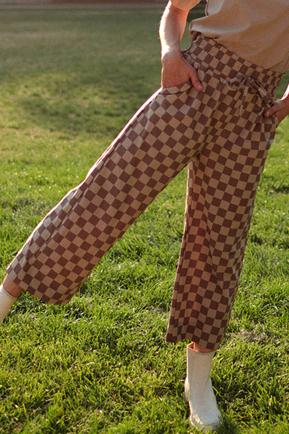 Sky Blue Tie Elastic Waist Checkered Loose Pants