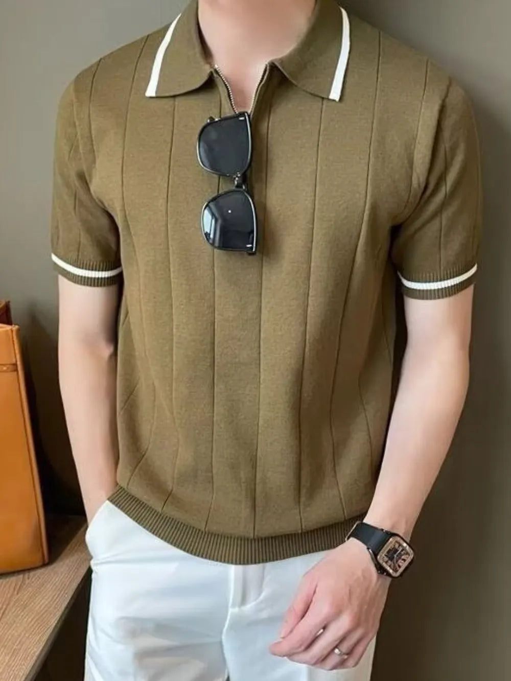 Men's Plus Size Quarter Zip Short Sleeve Polo