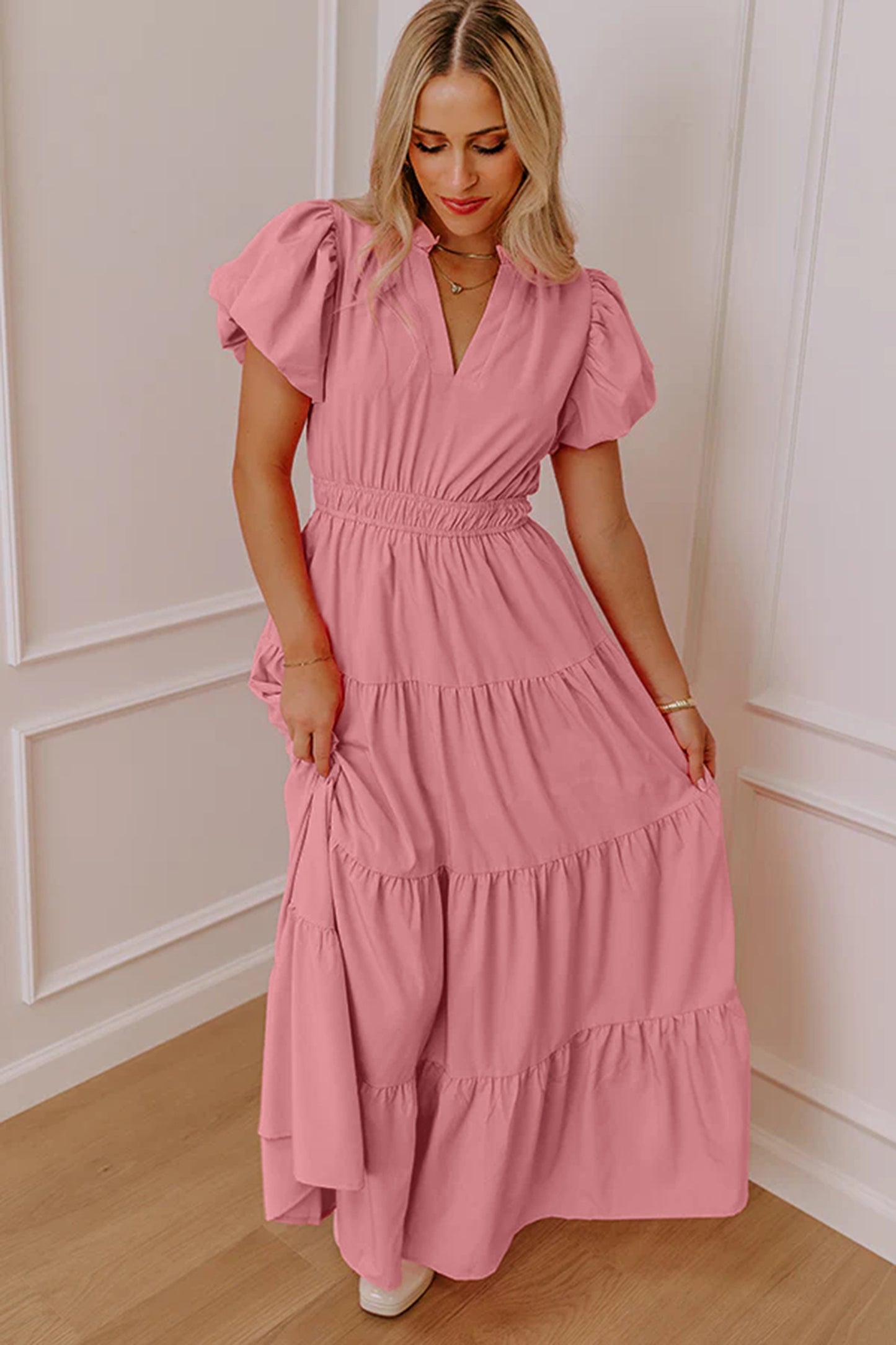 Lavendula Solid Color V Neck Short Puff Sleeve High Waist Tiered Maxi Dress