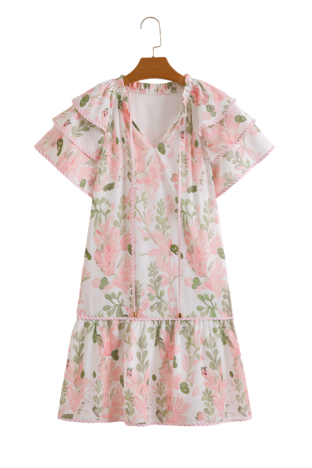 Sky Blue Floral Contrast Edge Ruffle Sleeve Tie Neck Mini Dress