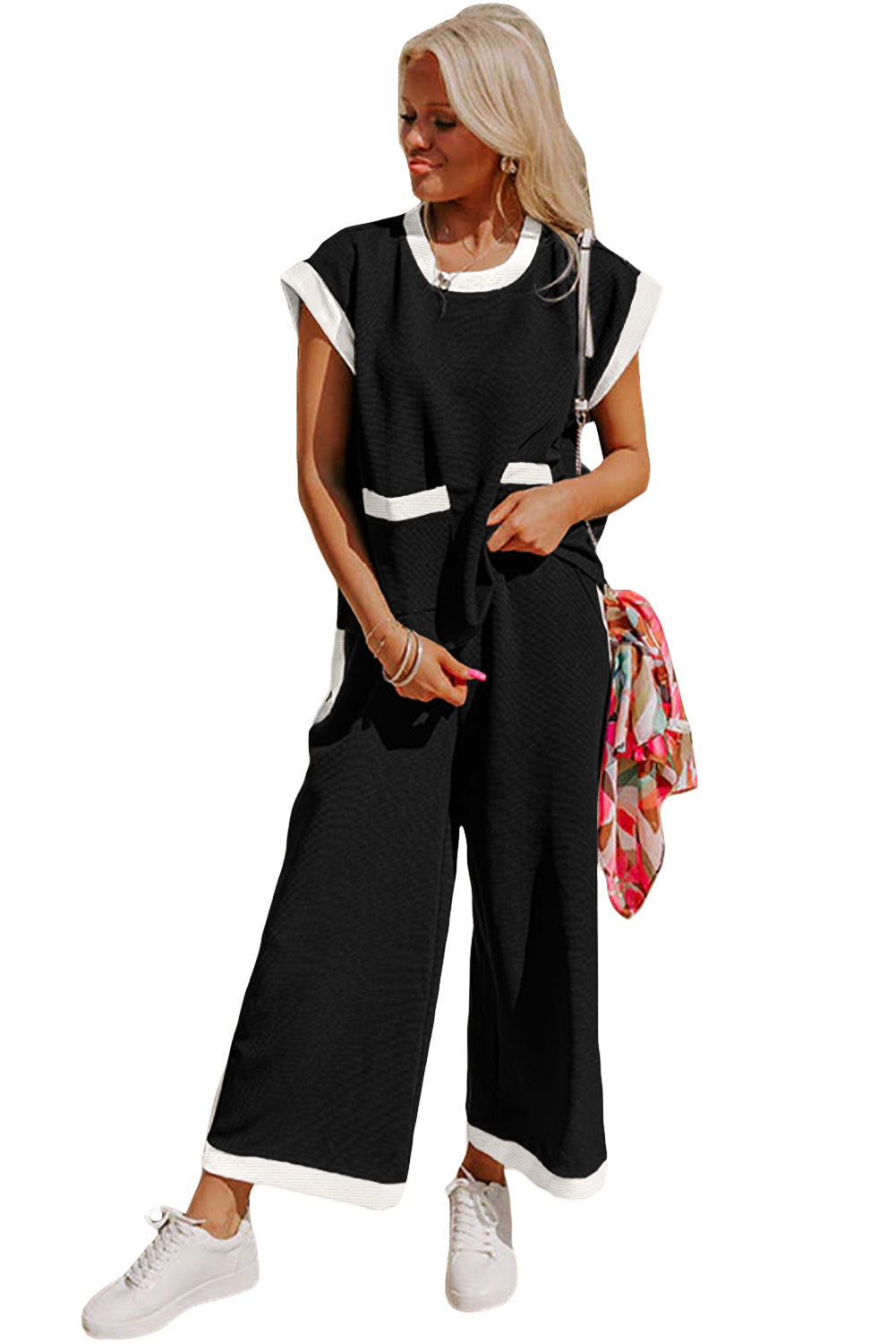 Navy Blue Contrast Trim Pocket T Shirt and Wide Leg Pants Set