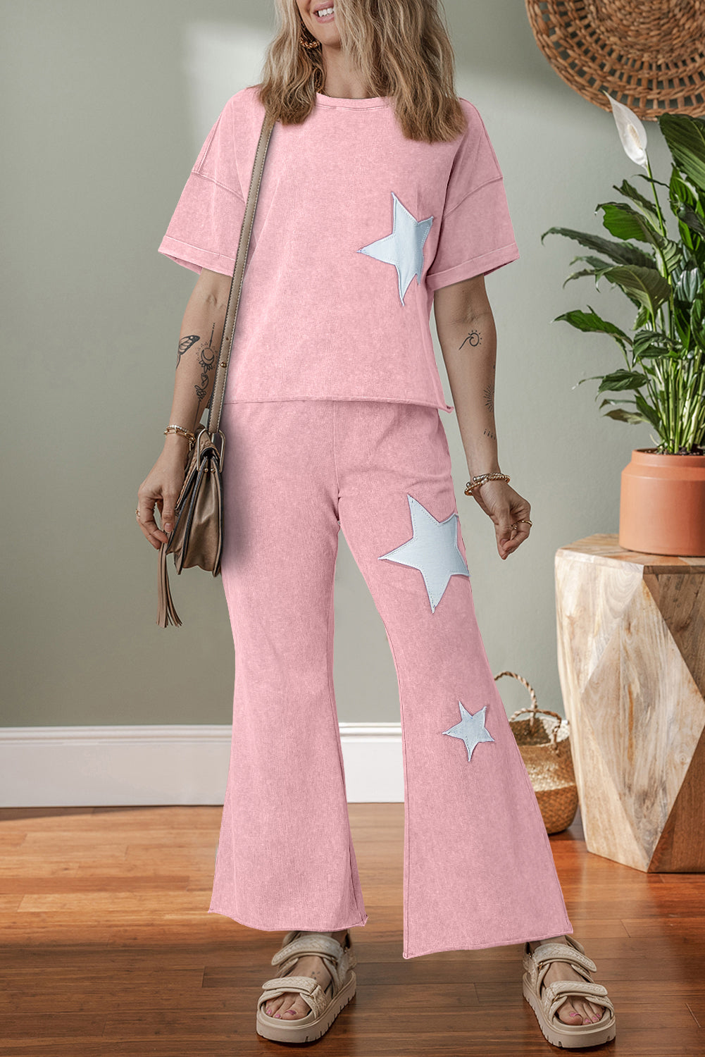 Mint Green Mineral Wash Star Patched Loose Pants Set