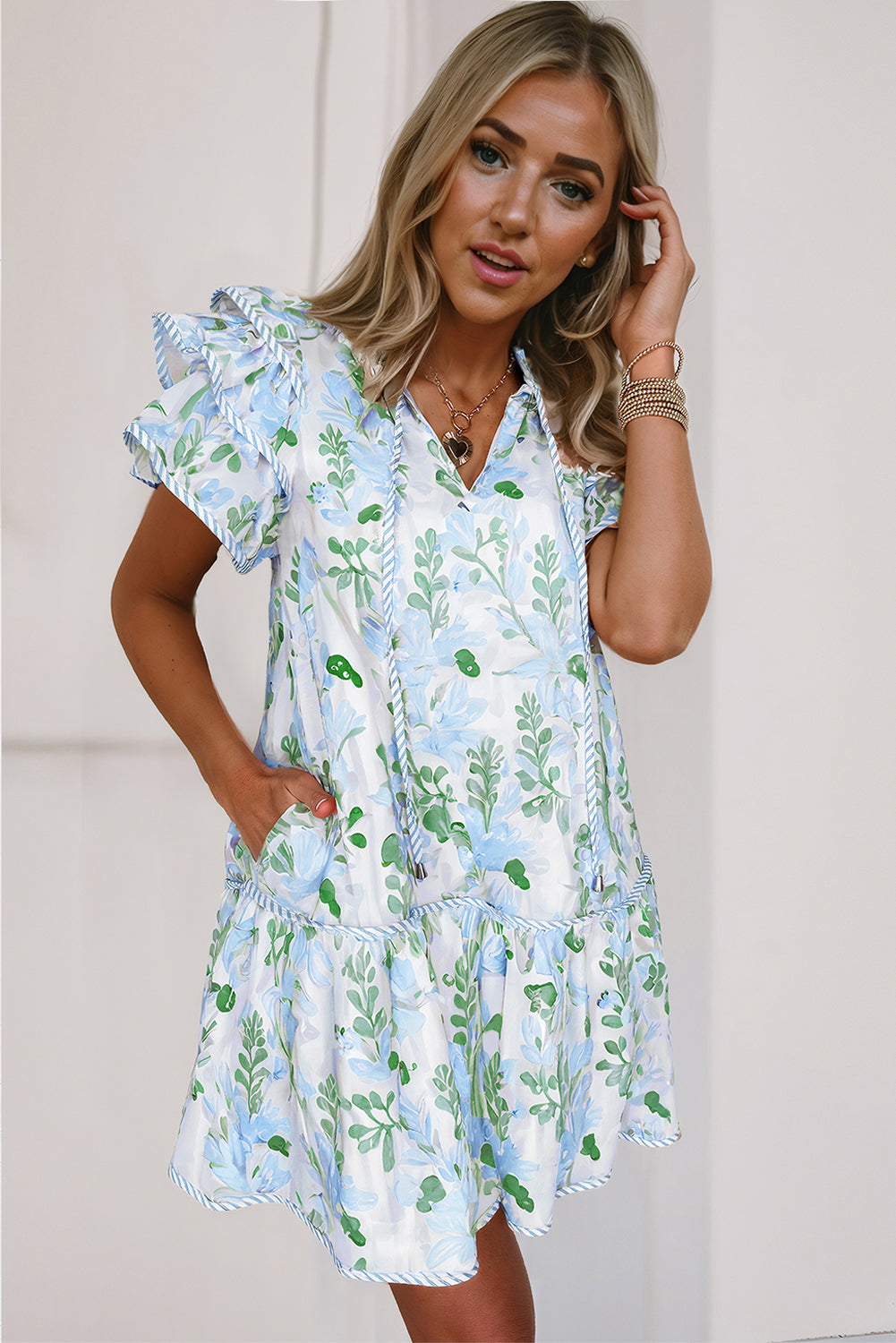 Sky Blue Floral Contrast Edge Ruffle Sleeve Tie Neck Mini Dress
