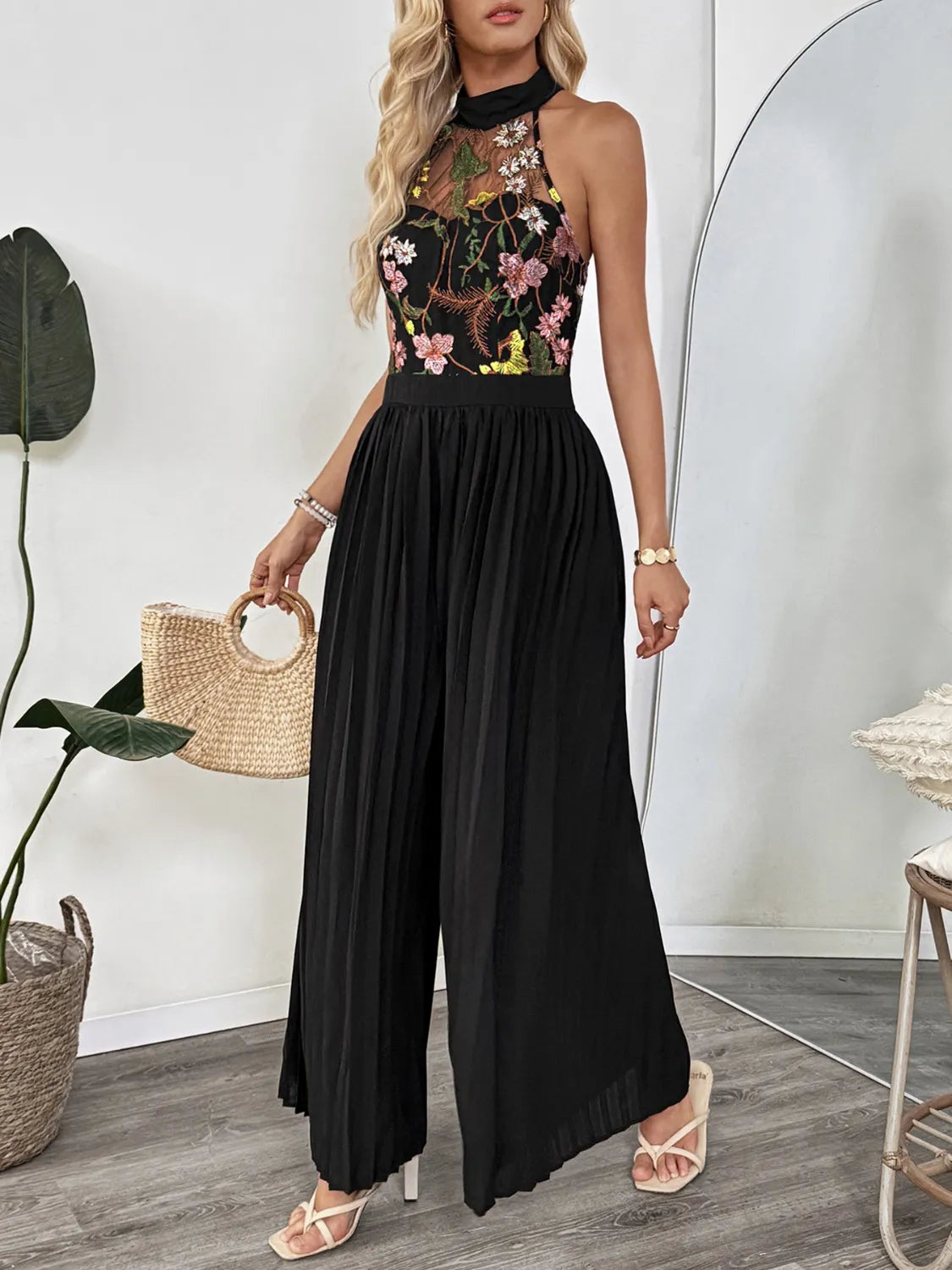 Floral Embroidered Halter Neck Pleated Jumpsuit