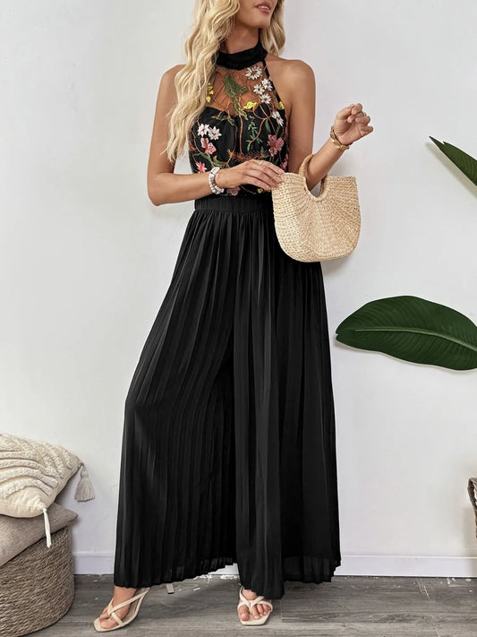 Floral Embroidered Halter Neck Pleated Jumpsuit