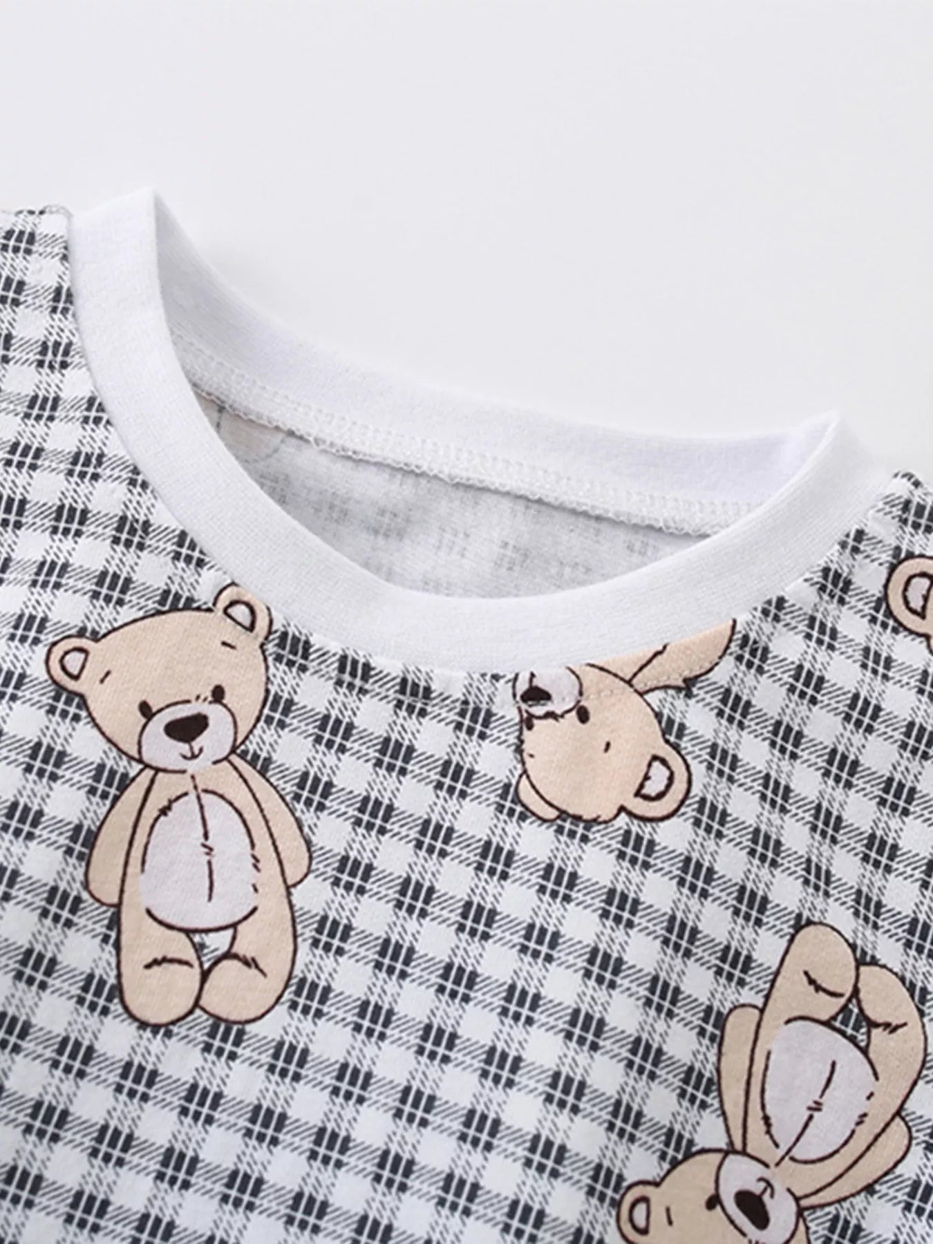Children's Plaid Bear Print Crew Neck Short Sleeve T-Shirt