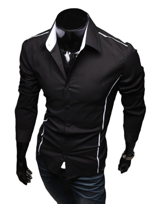 Black dress shirt with white piping on a mannequin against a white background
