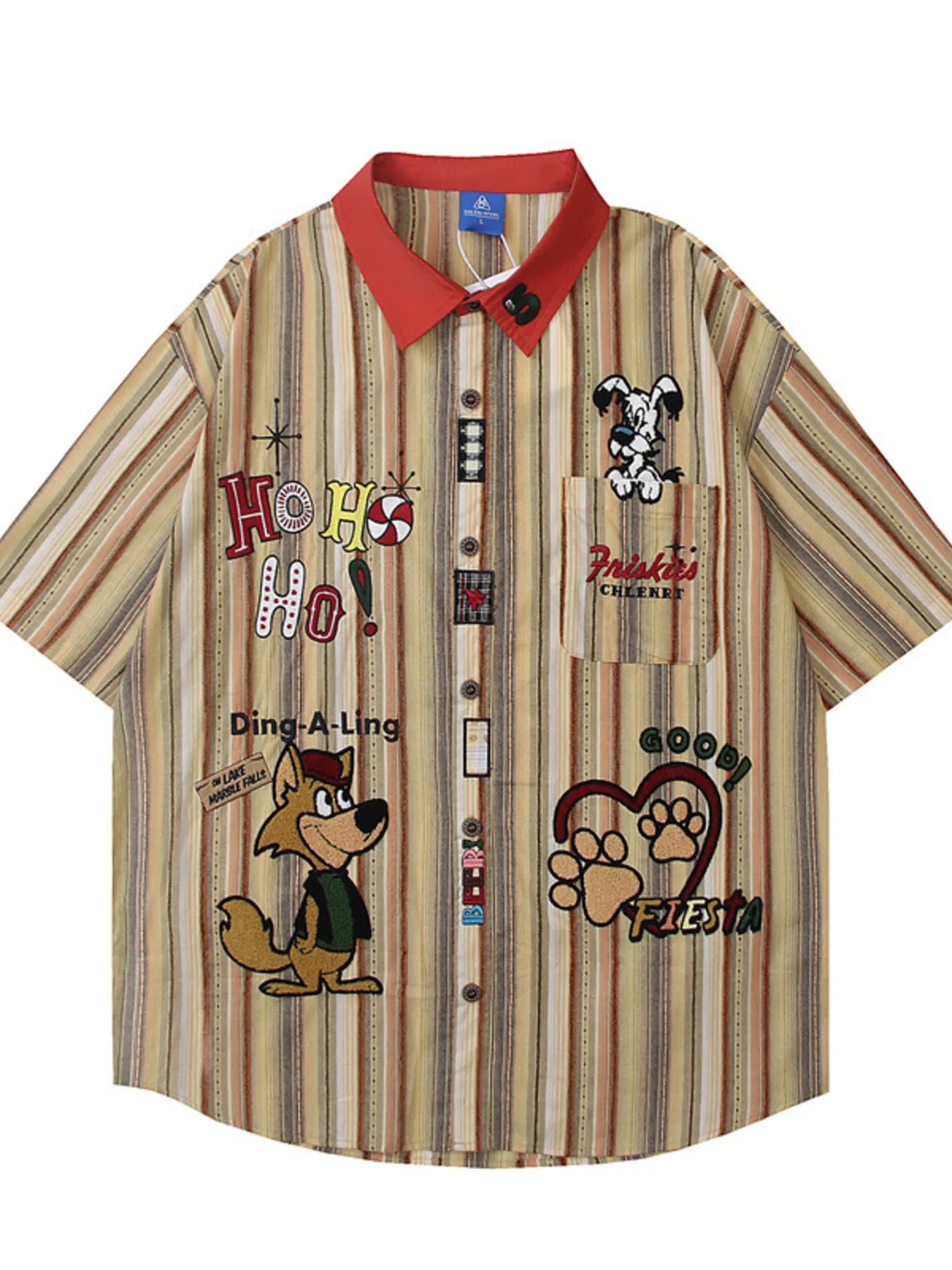 Men's Cartoon Character Striped Shirt with Contrast Collar