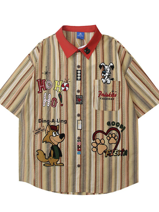 Men's Cartoon Character Striped Shirt with Contrast Collar