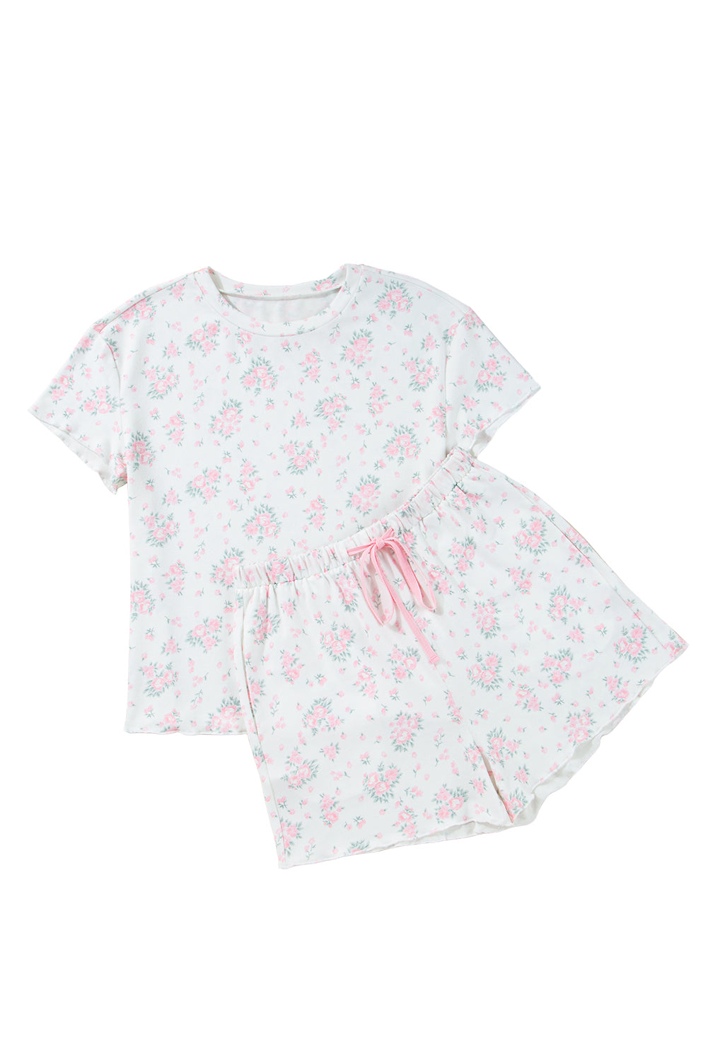 Pink Floral Print Lettuce Trim Tee and Shorts Pajama Set 