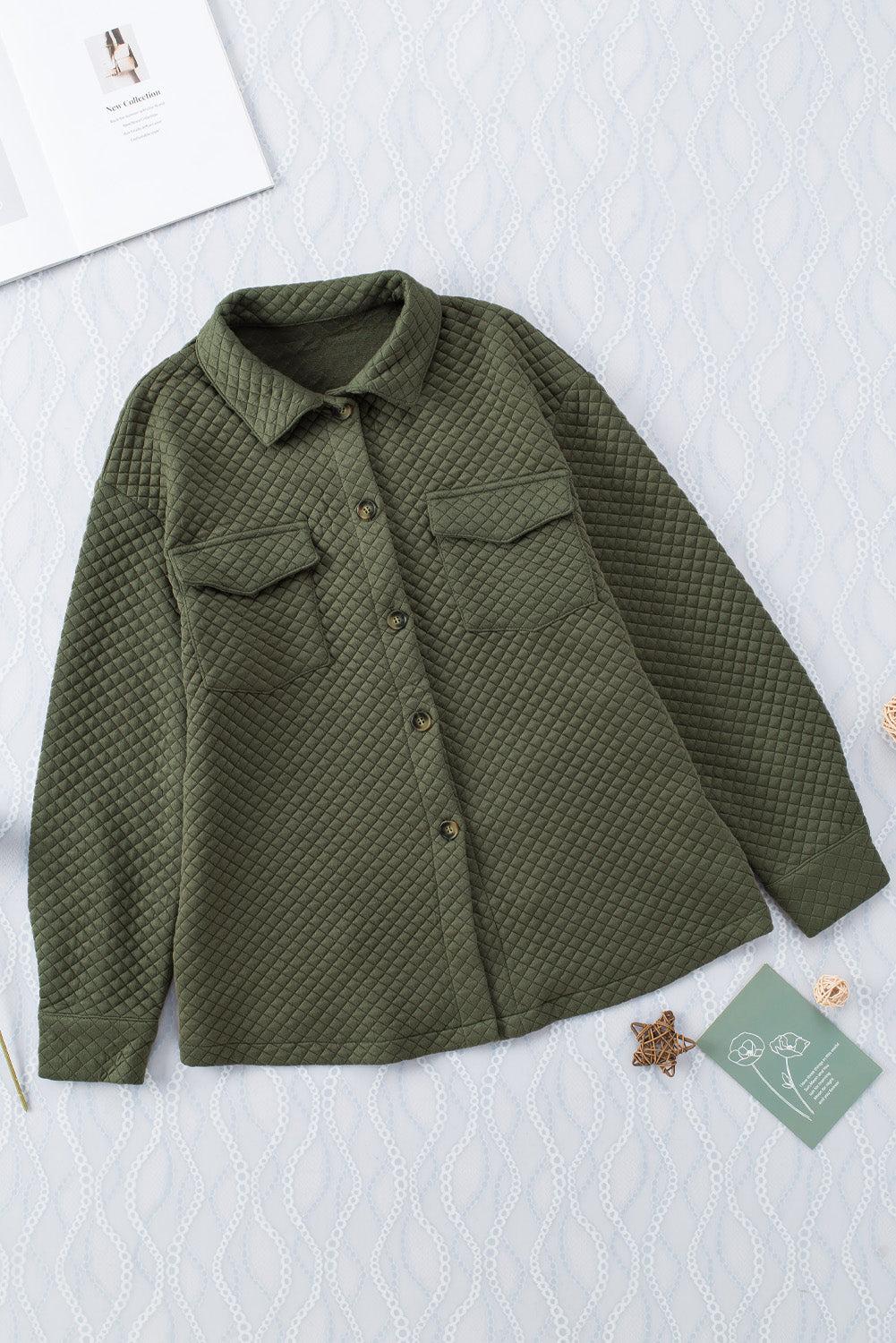 Green Lattice Texture Pockets Button Up Quilted Shacket