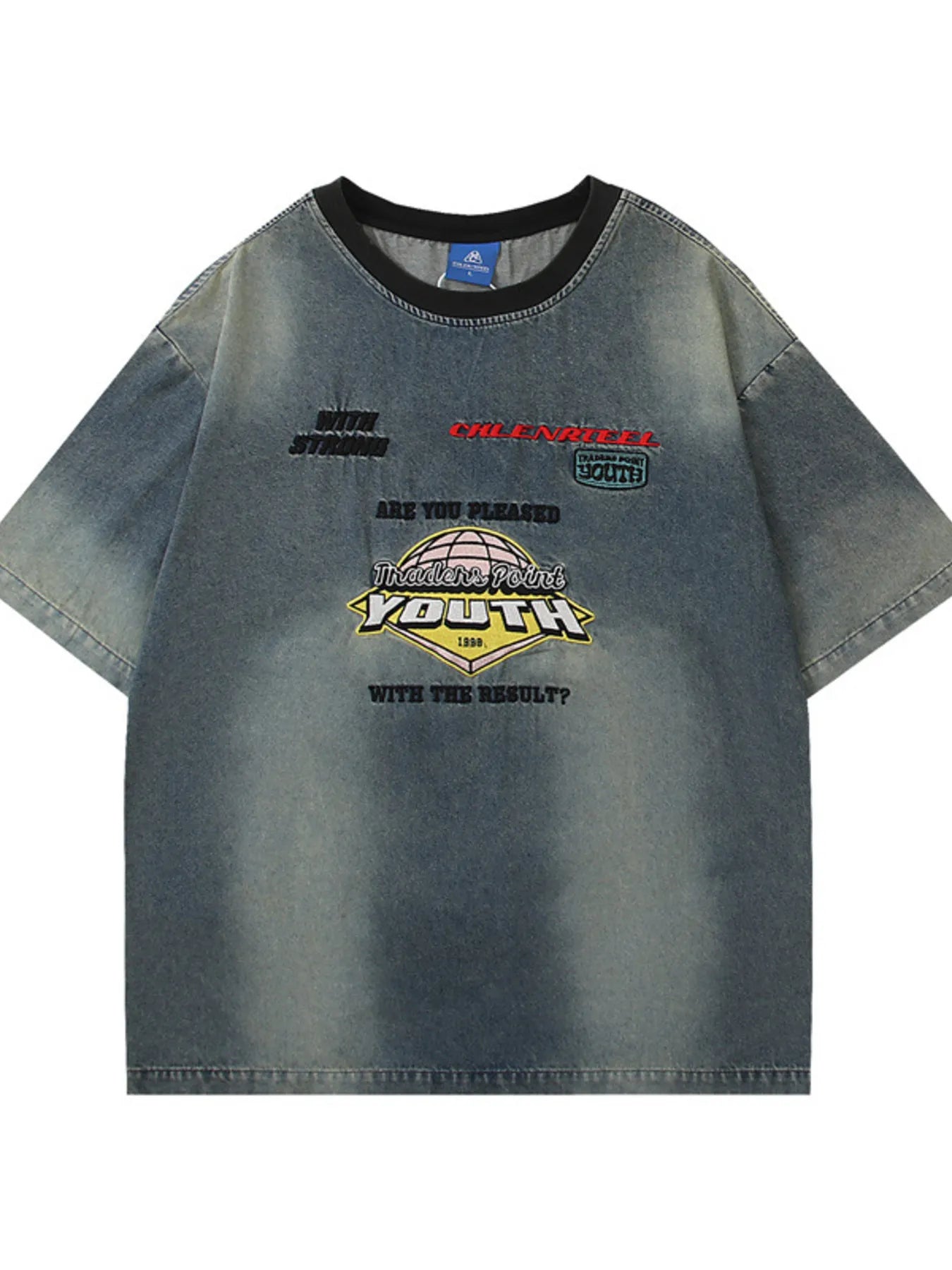 Men's Round Neck Washed Denim Top