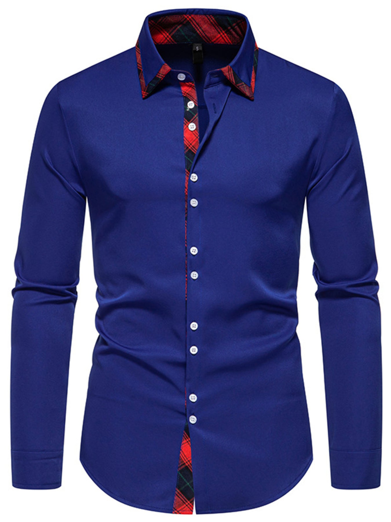 Blue shirt with red plaid collar and hem on a white background