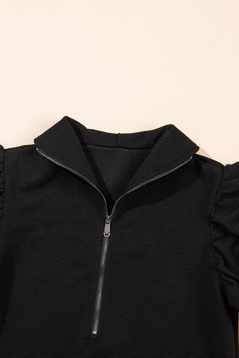 Black Textured Ruffle Sleeve Zipped Top and Wide Leg Pants Set