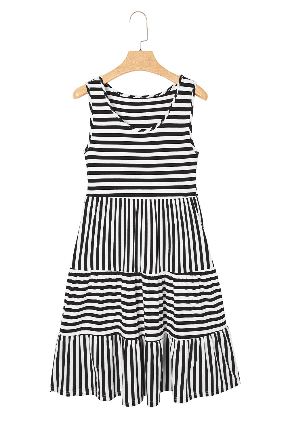 Black and white striped dress on a hanger against a white background