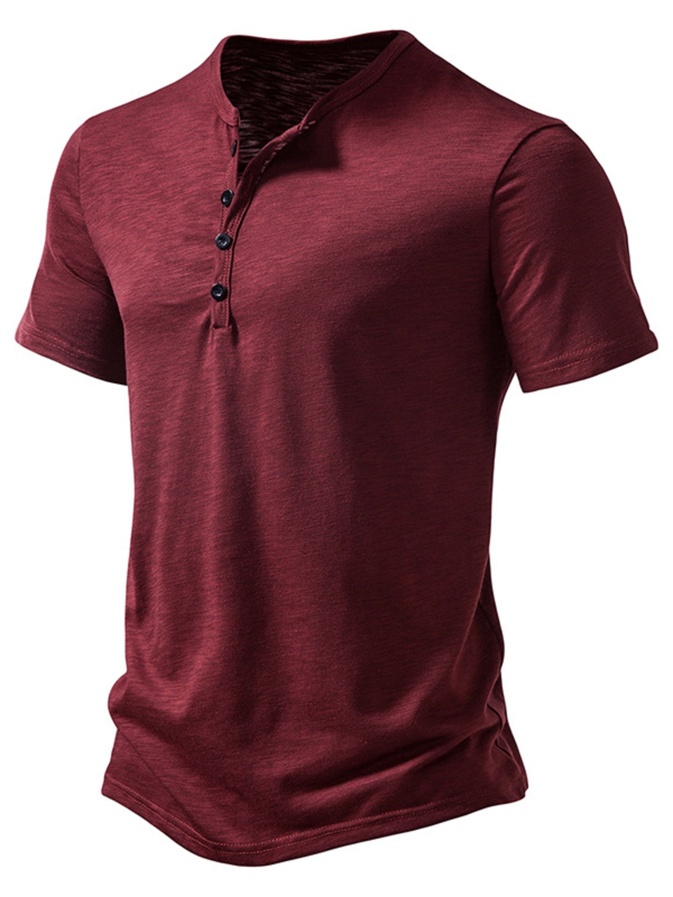 Maroon short-sleeve henley shirt on a white background