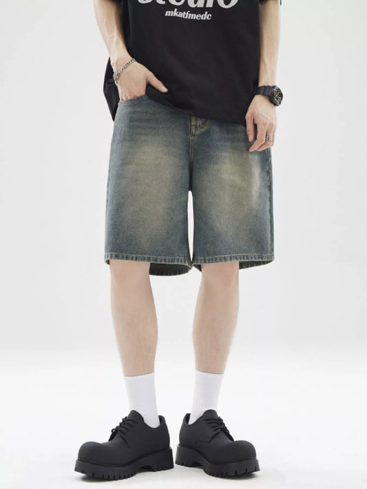 Men's Full Size Vintage Wash Wide Leg Denim Shorts Plus Size