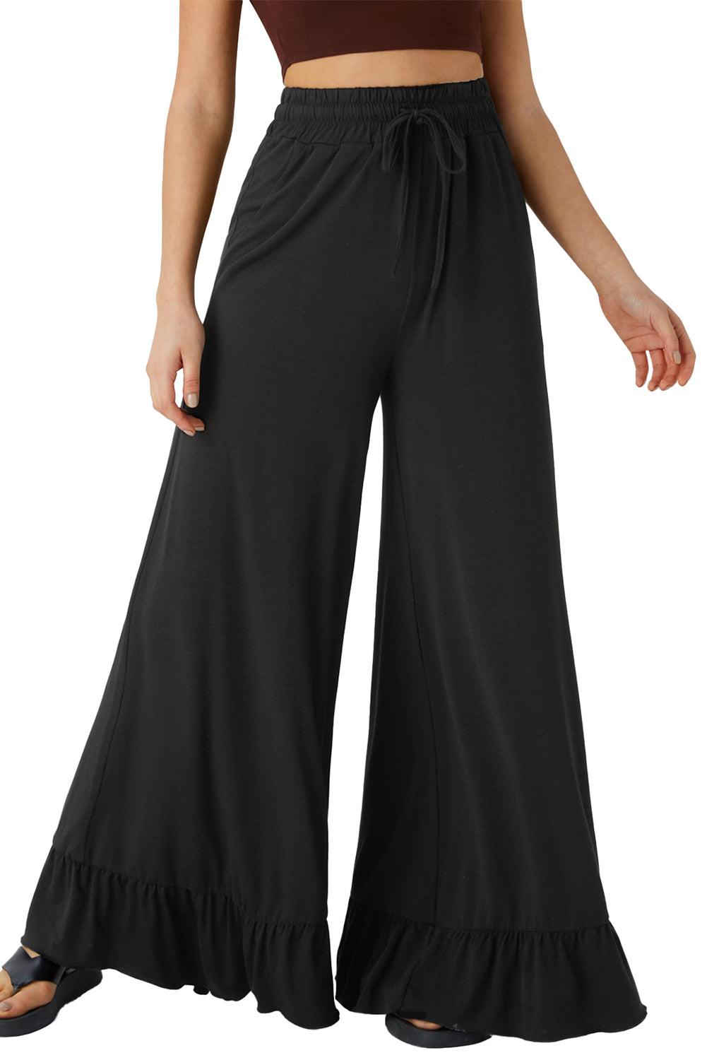 Black Solid Color Ruffle Hem Wide Leg Pants 