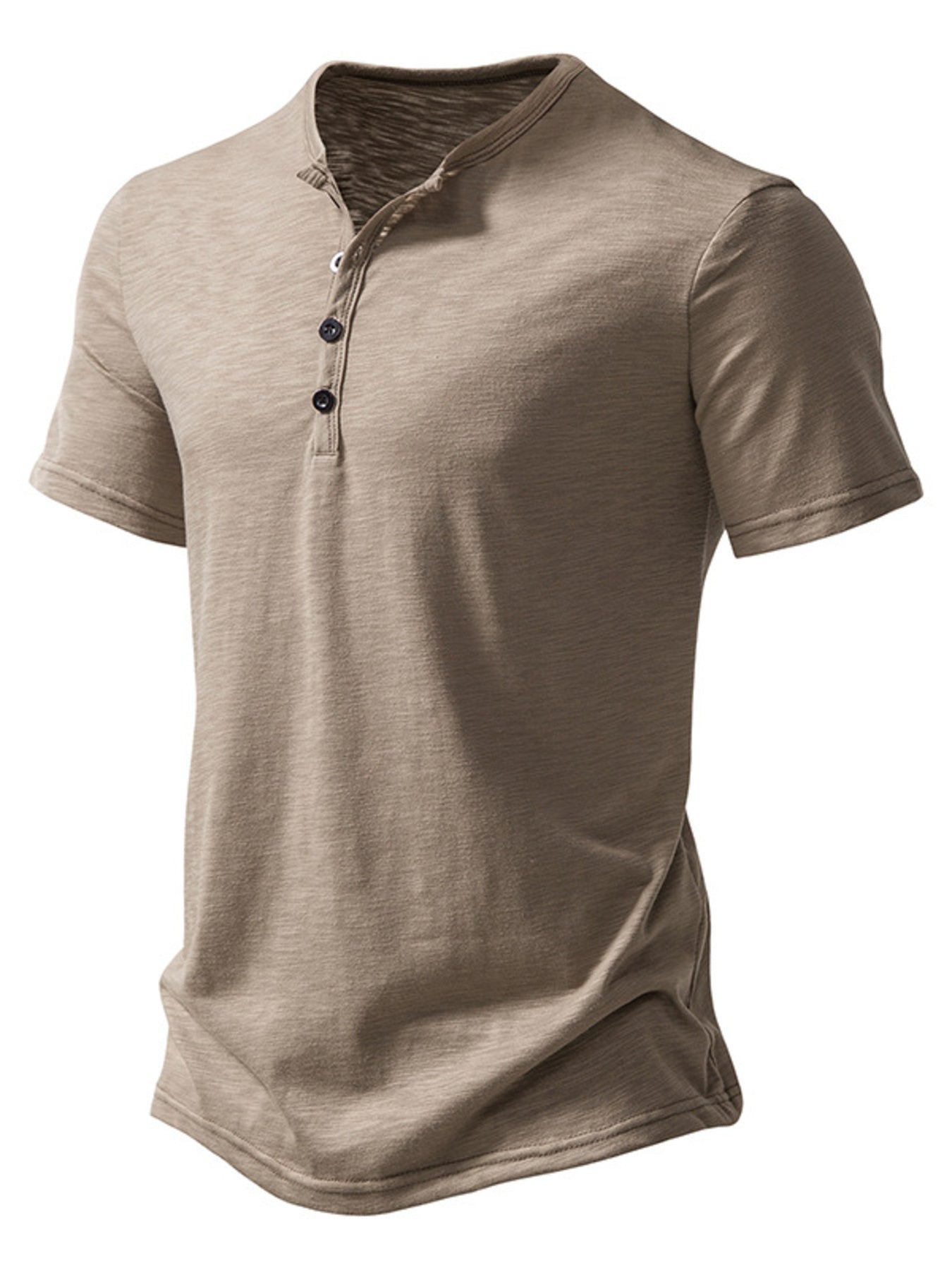 Beige short-sleeve henley shirt on a white background